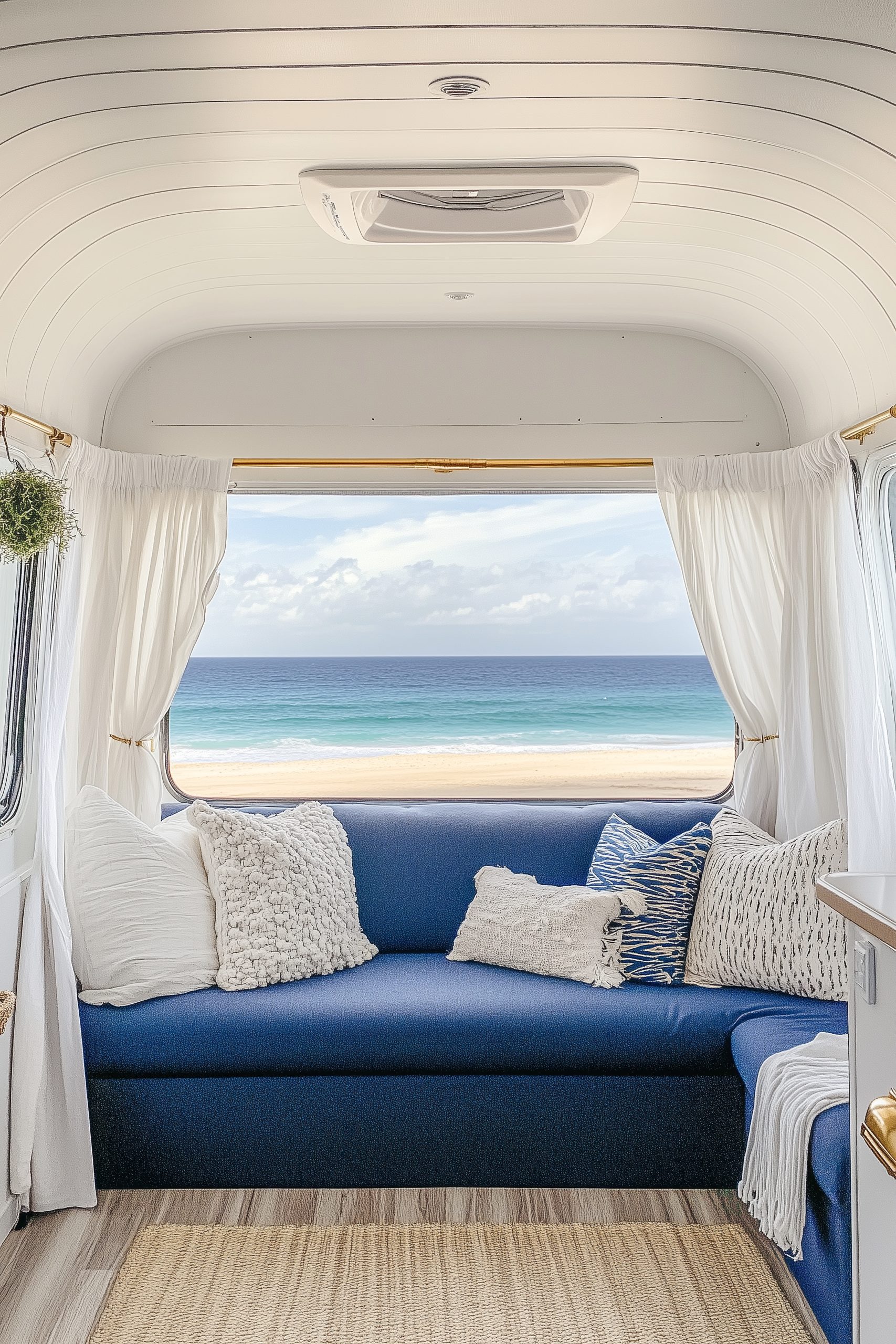 A blue couch is in the middle of a room with a view of the ocean. The room is decorated with white curtains and a rug